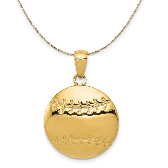 14k Yellow Gold Diamond Cut Baseball Necklace, 17mm 16 Inch